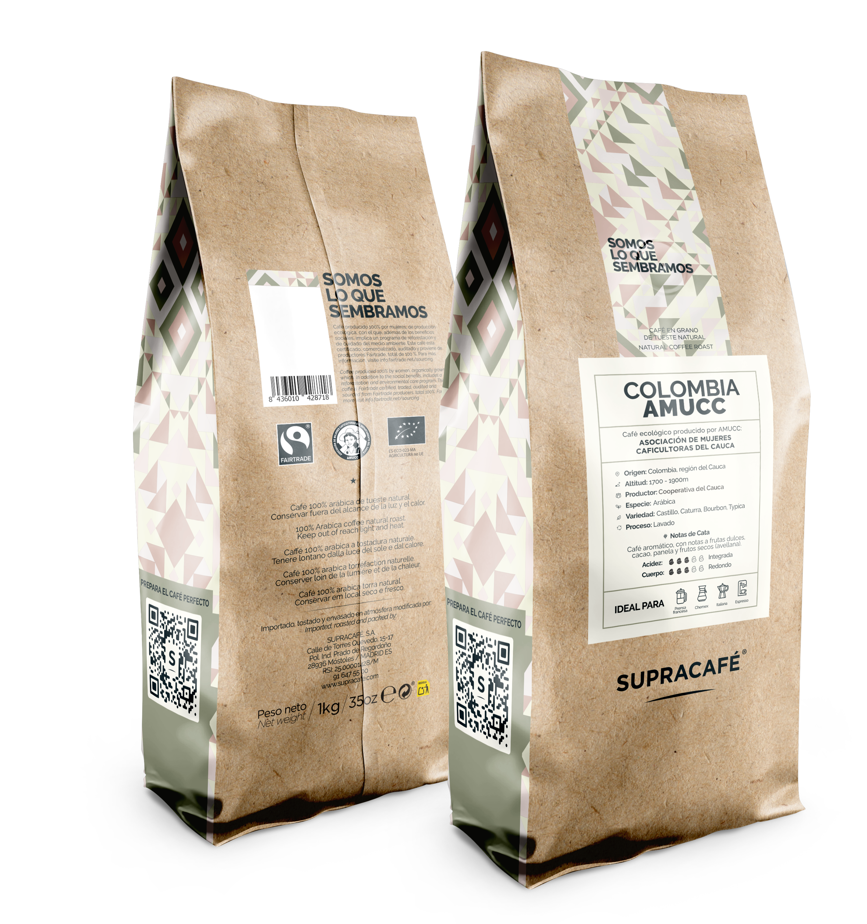 Colombian coffee beans, 100% Arabica, Organic and Fairtrade. AMUCC project.