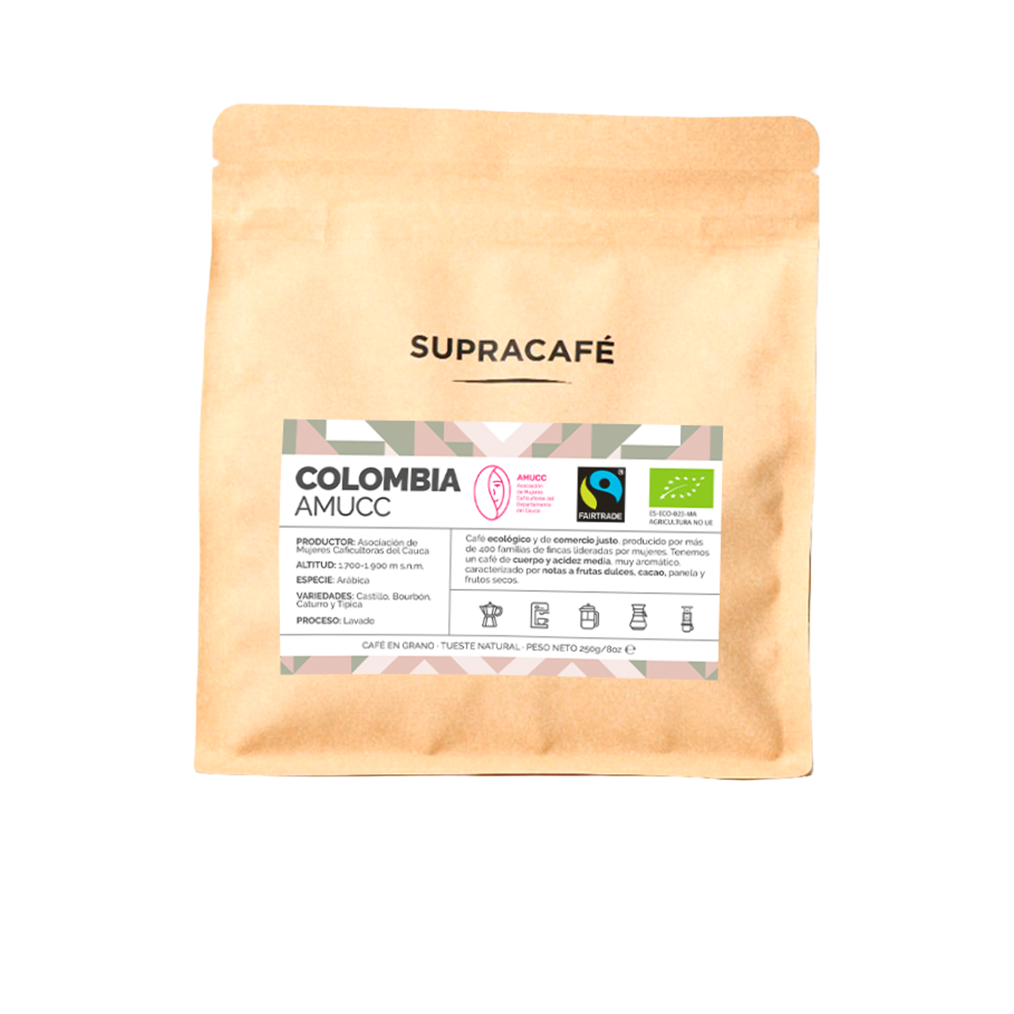 Colombian coffee beans, 100% Arabica, Organic and Fairtrade. AMUCC project.